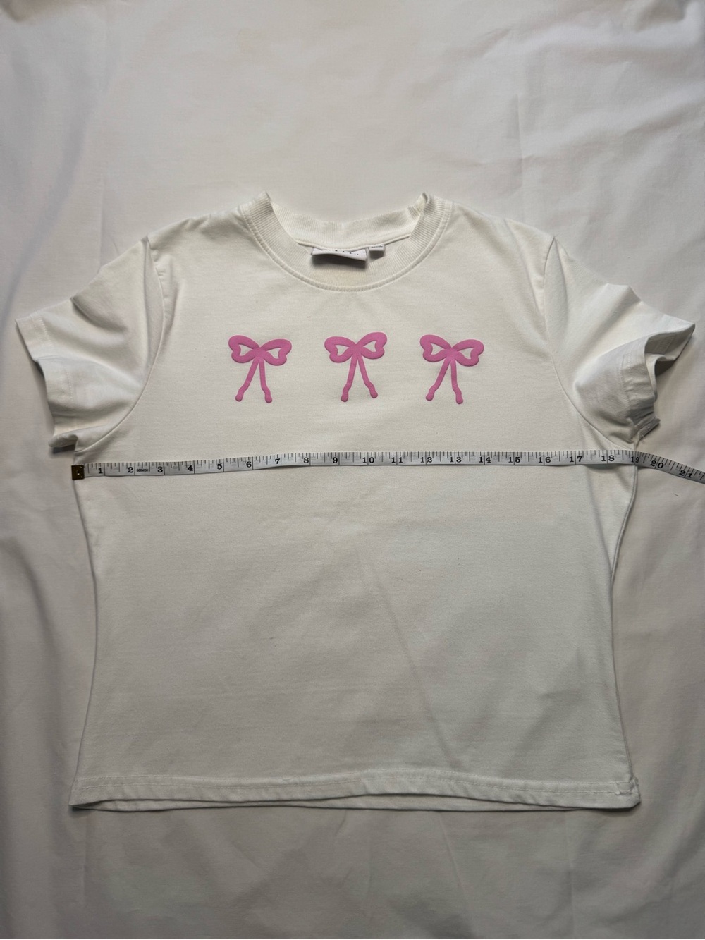 White Short Sleeve Tee with Pink Bow Motif - Women's Casual Top